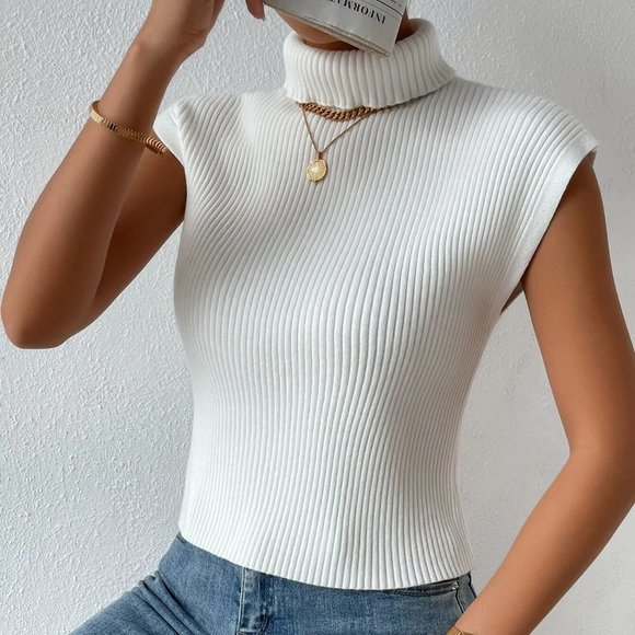 White Boho Womens Turtleneck Ribbed Knit Sweater Vest - Picture 4 of 5